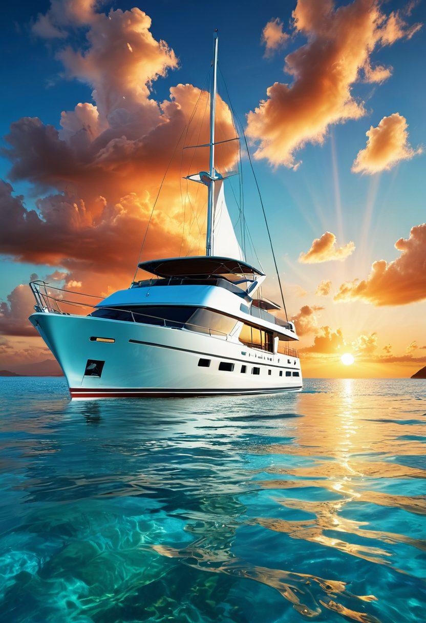 A luxurious yacht sailing through crystal-clear turquoise waters, surrounded by vibrant coral reefs and tropical islands. Include elegant sunset colors in the sky reflecting on the water, showcasing the opulence of a luxury vessel. Add subtle elements of insurance papers and marine charts creatively integrated into the scene. Highlight a sense of adventure and tranquility. super-realistic. vibrant colors. 3D.