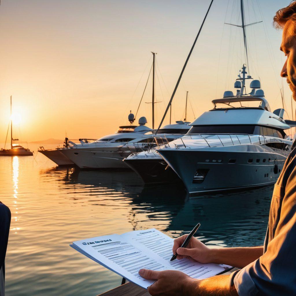 A serene harbor scene featuring various luxurious yachts moored at sunset, highlighting the importance of vessel safety. In the foreground, a confident yacht owner studies a comprehensive insurance policy, while a marine surveyor assesses the yachts. The background showcases a calm sea and clear sky, symbolizing peace of mind in risk management. Emphasize the details of the yachts and the document in the owner's hands. super-realistic. vibrant colors. sunset lighting.